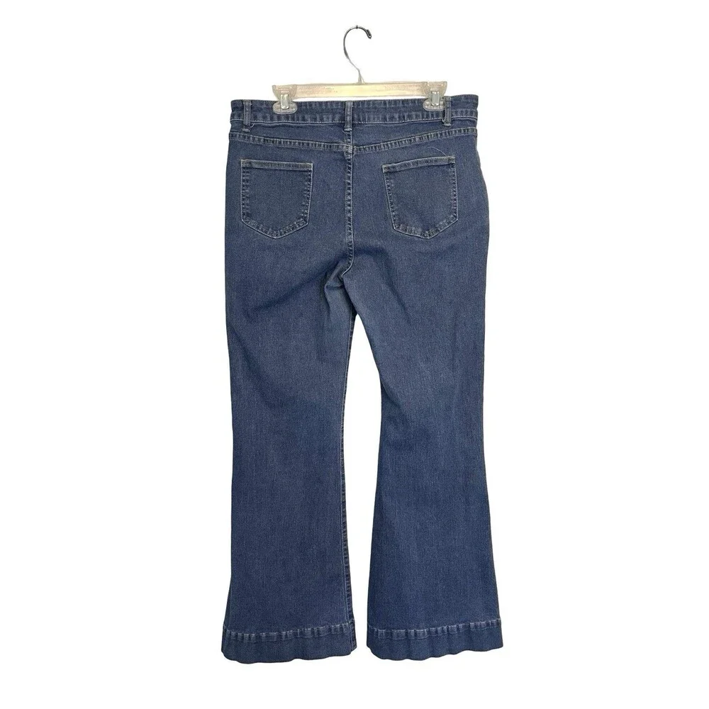 Women’s High Rise Button Fly Flare Jeans Dark Wash Patch Pocket Boho Retro 34x29